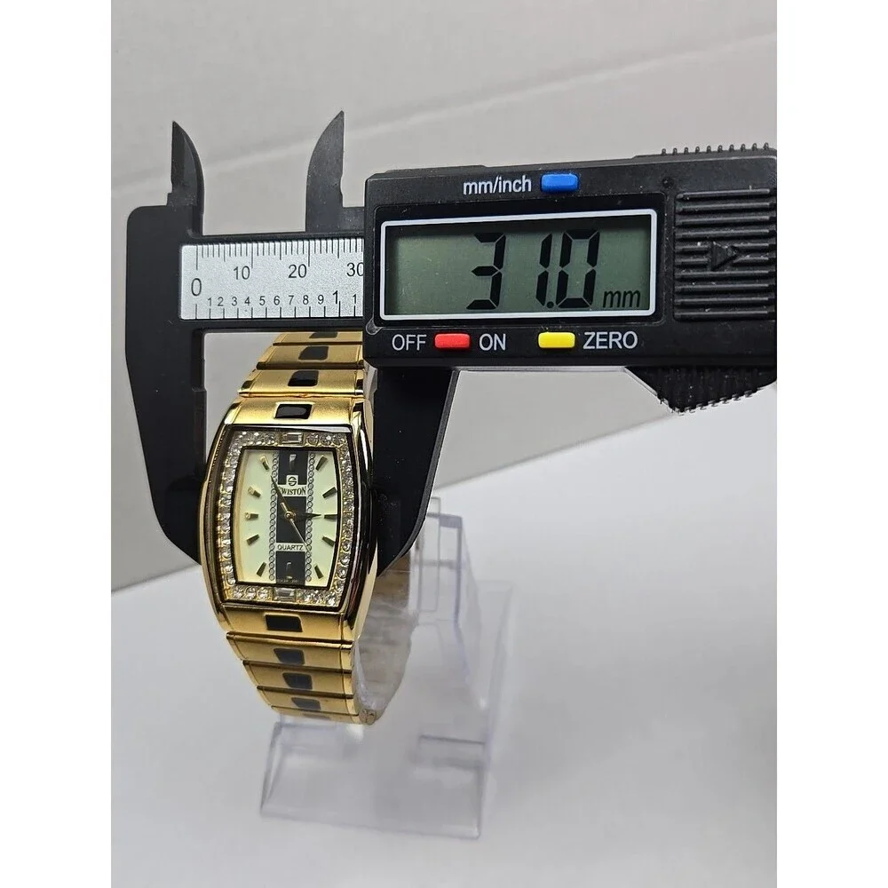 Swiston SW2001M Mens 18K Electro Plated Gold Crystal Tank Watch New Battery